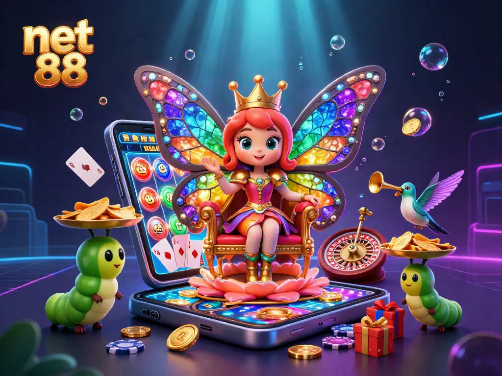 Experience thrilling gameplay with net 88 as a vibrant butterfly queen and dynamic casino elements enchant the scene.