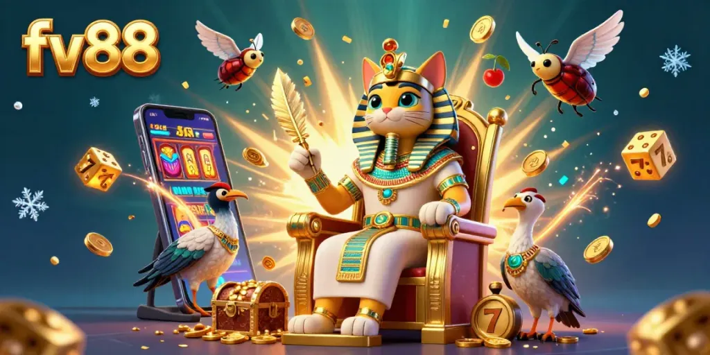 Spin the fv88 slot machine and uncover treasures in this lively casino scene.