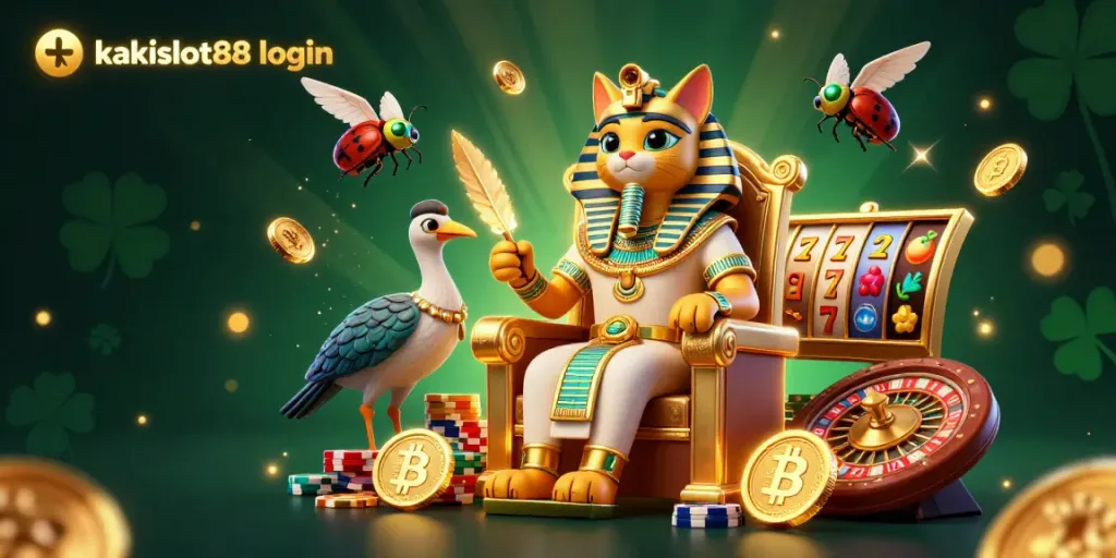 Visualisasi kreatif tentang kakislot88 login dengan karakter kucing firaun dan simbol permainan slot melonjak di latar belakang.