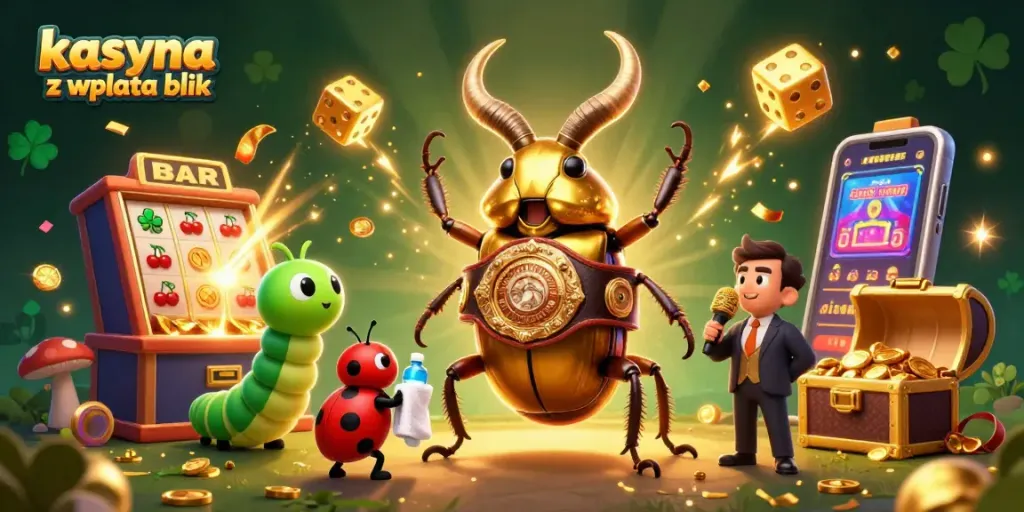 Experience the thrill of kasyna z wplata blik with a dynamic casino-themed scene featuring 3D characters and exciting games.