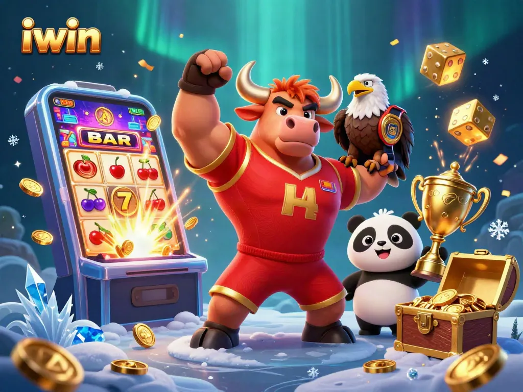 iwin features a cartoon bull mascot celebrating a casino jackpot with slot machines and colorful game elements.