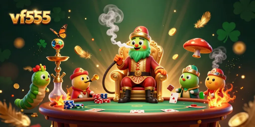 Engage with vf555's poker scene featuring a detailed 3D caterpillar in a sultan outfit, set in a casino atmosphere.