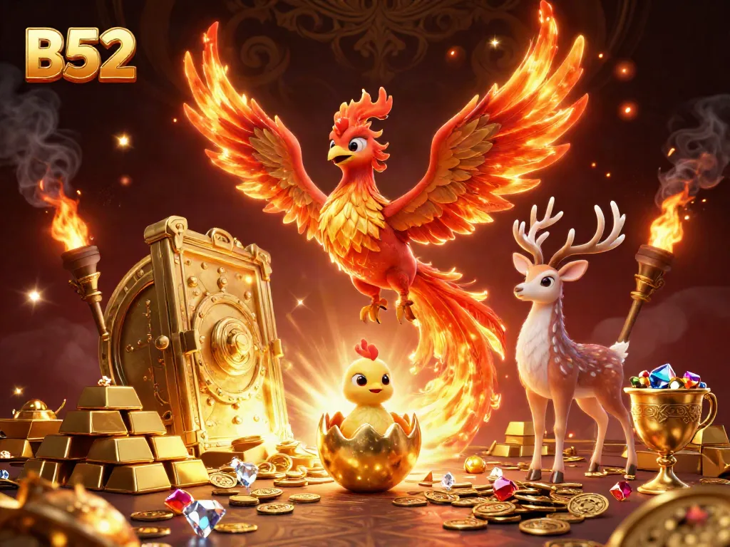 Experience the energy of B52's online casino world with a vibrant phoenix scene, shining treasures and dynamic gameplay.