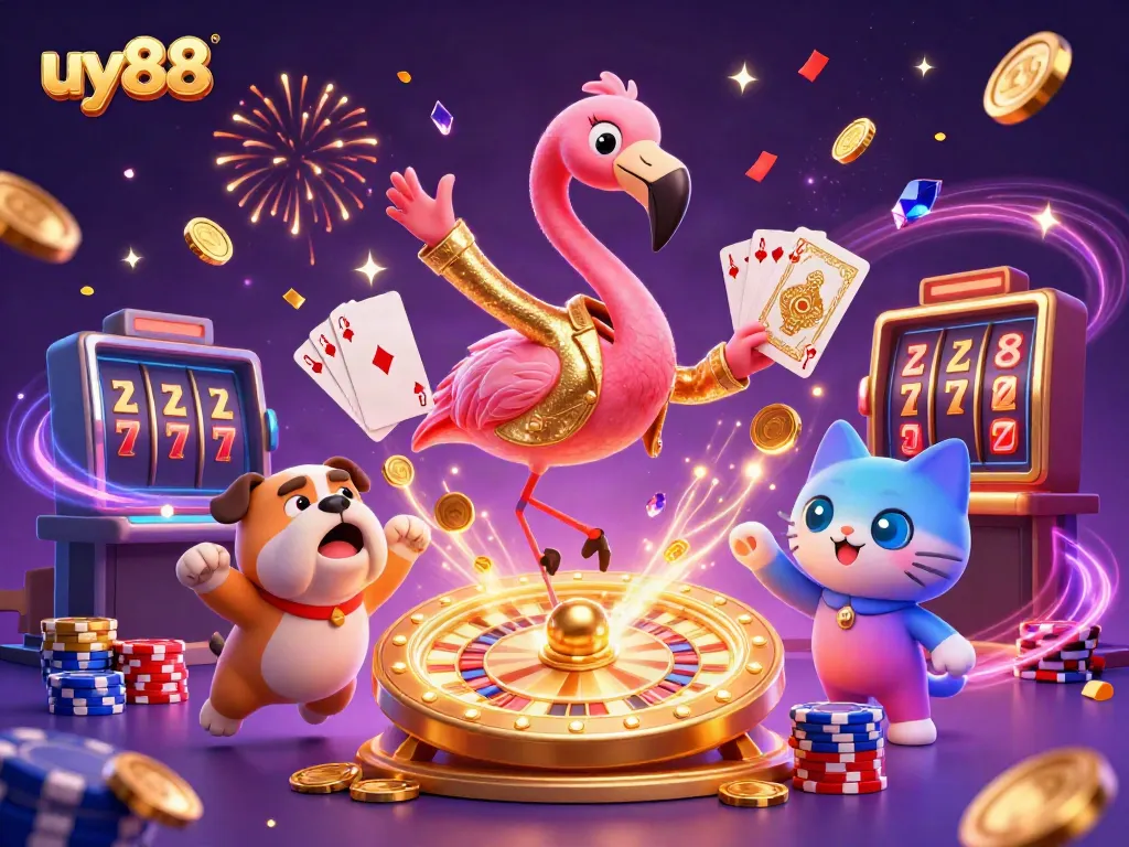 Experience winning moments at uy88 with vibrant 3D casino characters in a dynamic scene of prizes and celebrations.