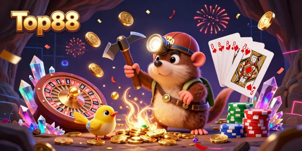 Boost your chances with Top88 in a vibrant, crowded casino scene showcasing dynamic gaming elements.