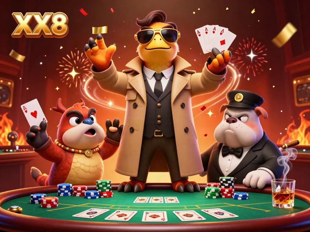 Raptors dressed as a tall player in a casino scene, showcasing XX8 with poker elements.