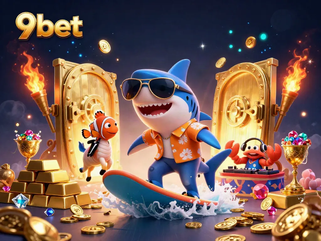 Experience excitement at 9bet with a vibrant underwater scene featuring fun characters and dynamic casino elements.