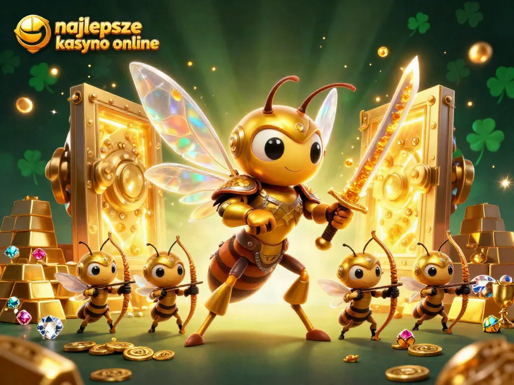 Engage in the action at the najlepsze kasyno online with a vibrant illustration of a samurai bee hero and treasure