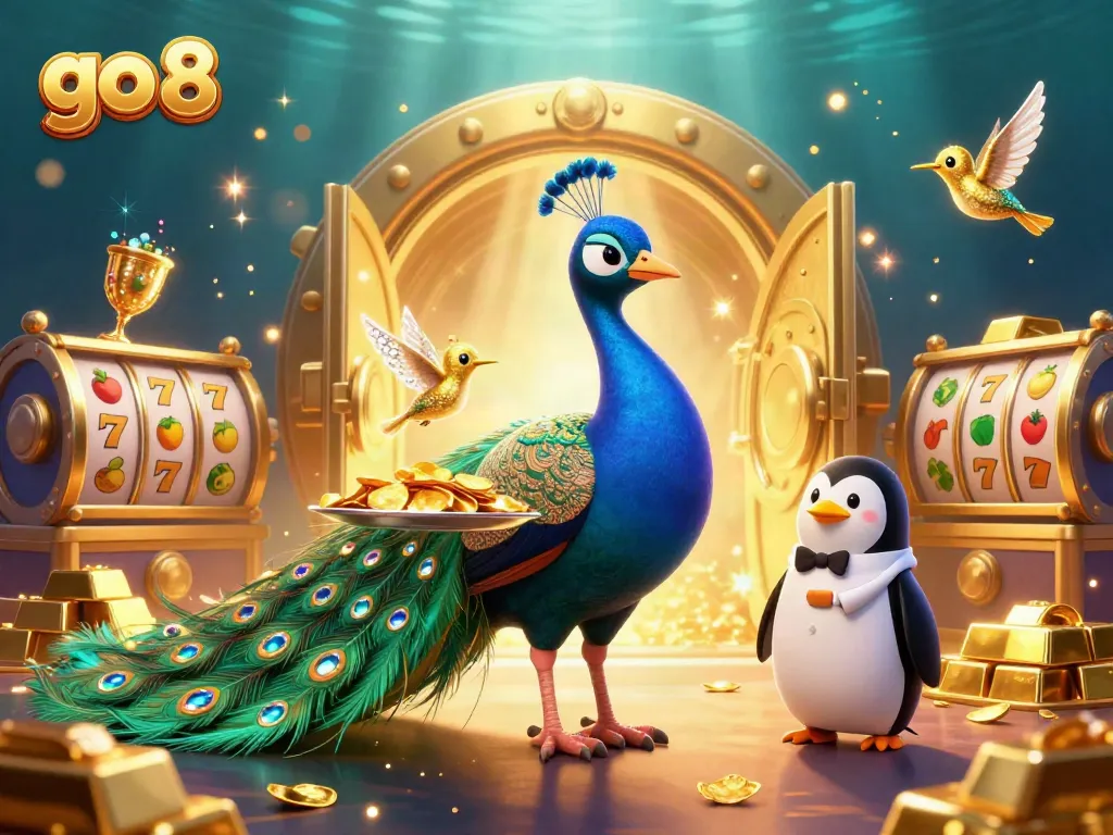 Experience the thrill of go 8 with vibrant casino scenes featuring slots, gold, and dynamic characters.