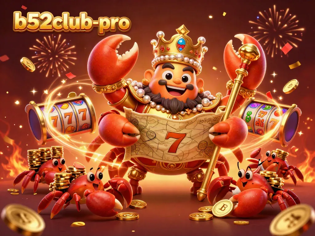 Engage in thrilling gameplay with b52club-pro as the golden crab emperor oversees a vibrant casino scene.