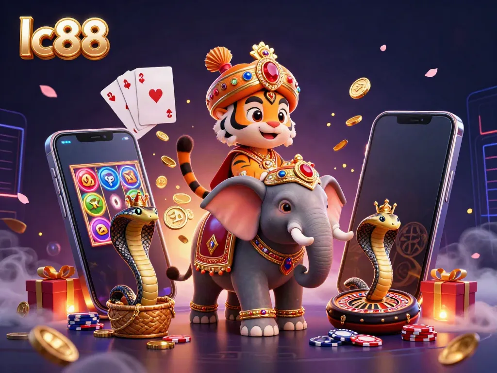 Engaging lc88 gaming scene with a jeweled elephant, tiger maharaja, and slot games.