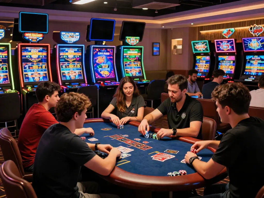 Dynamic gaming lounge atmosphere at https://man881.jp.net/ featuring players engaged in poker and roulette.