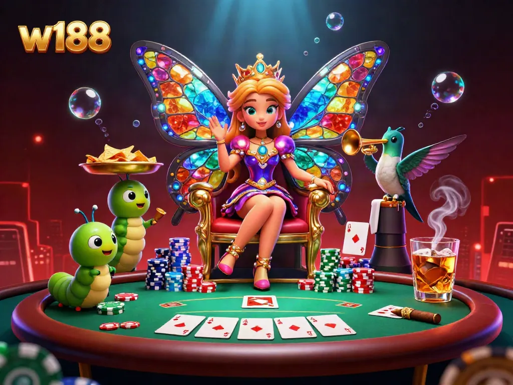 Experience w188's vibrant casino energy with a cartoon butterfly queen, lively poker elements, and dynamic colors.