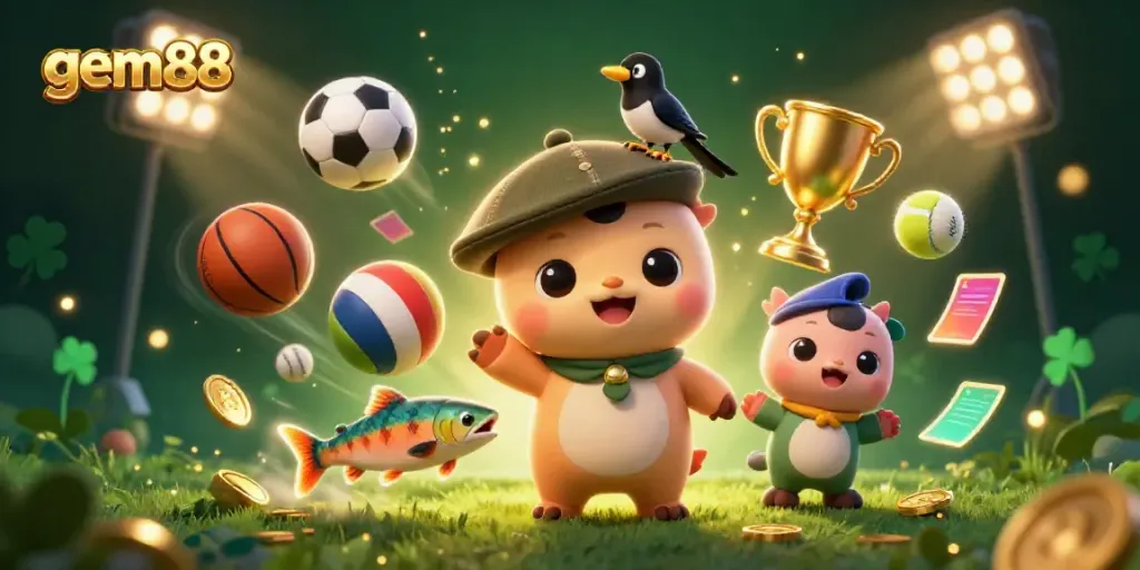 Engage with gem88's lively gaming scene featuring a cartoon Nessie, sports elements, and dynamic visuals.