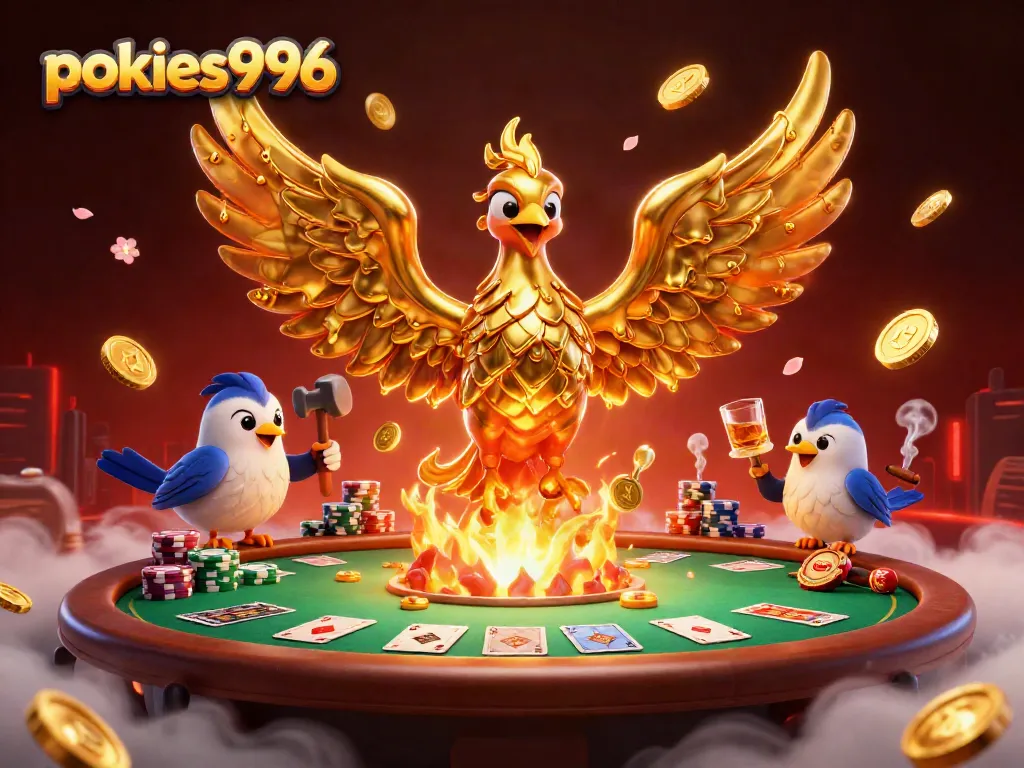 Experience thrilling gaming action at pokies996 with a golden phoenix and poker elements in 3D.