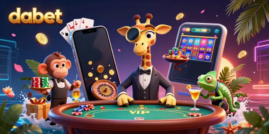 Dabet showcases an energetic 3D scene with a high-roller giraffe and its companions at a poker table, inviting players to engage.