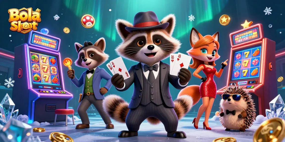 Bola Slot 88 offers thrilling gameplay with a suave raccoon and glamorous fox in a vibrant casino setting.