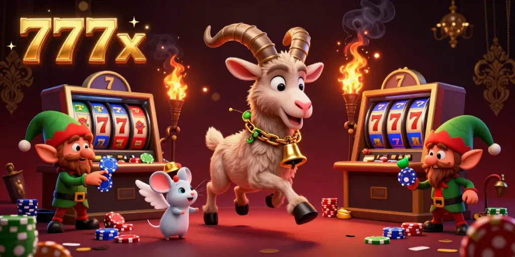 Experience the thrilling world of 777x Casino with Krampus and playful characters engaging in festive casino antics.