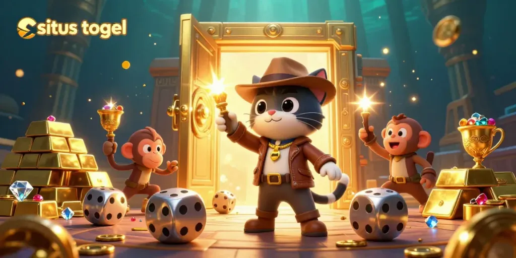 Engage with situs togel as a cat archaeologist discovers a golden casino treasure in a temple.