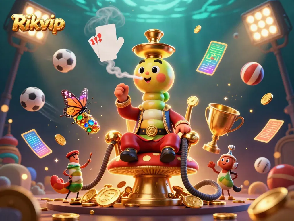 Engage in captivating gaming with Rikvip, showcased in a surreal 3D casino illustration.