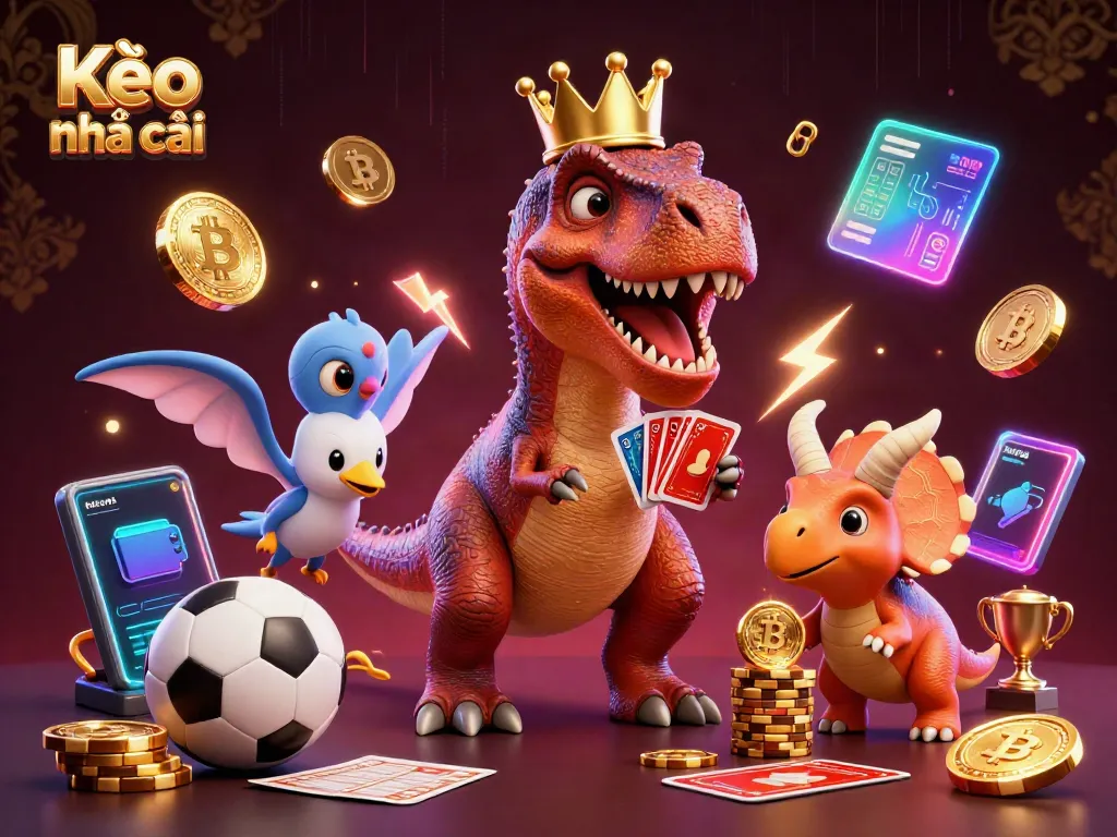 Engage in Kèo nhà cái with T-Rex, pterodactyl, and triceratops in a vibrant 3D scene.
