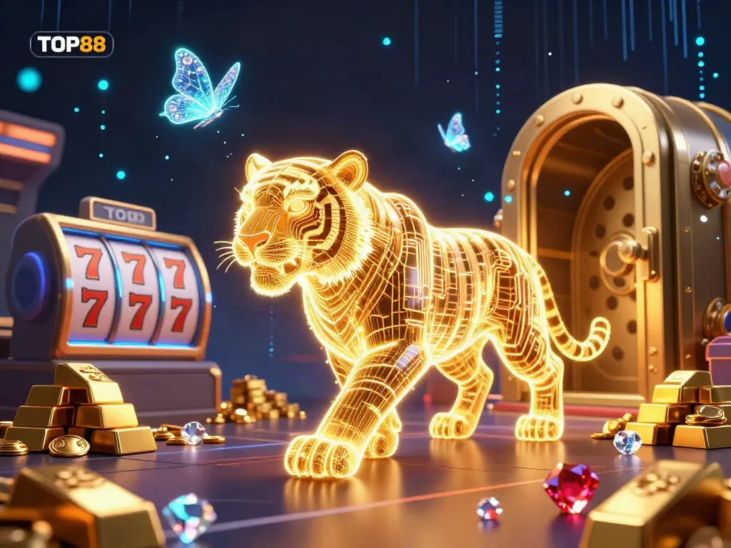 Experience the vibrant thrill of TOP88 online casinos with stunning visual elements of gold and neon.