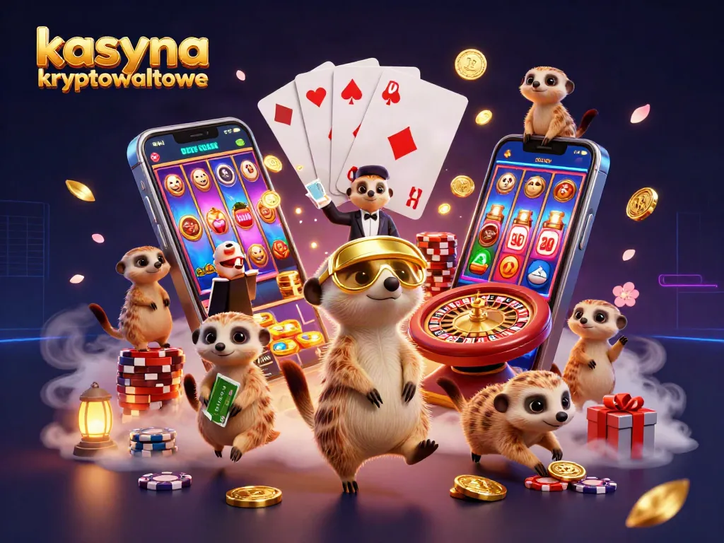 Experience kasyna kryptowalutowe with lively meerkats managing a vibrant casino scene while interacting with crypto elements.
