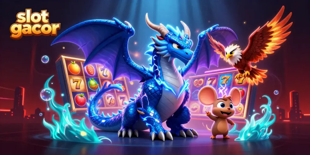 Slot gacor menampilkan naga petir dan simbol keberuntungan dalam ilustrasi kasino yang dinamis.