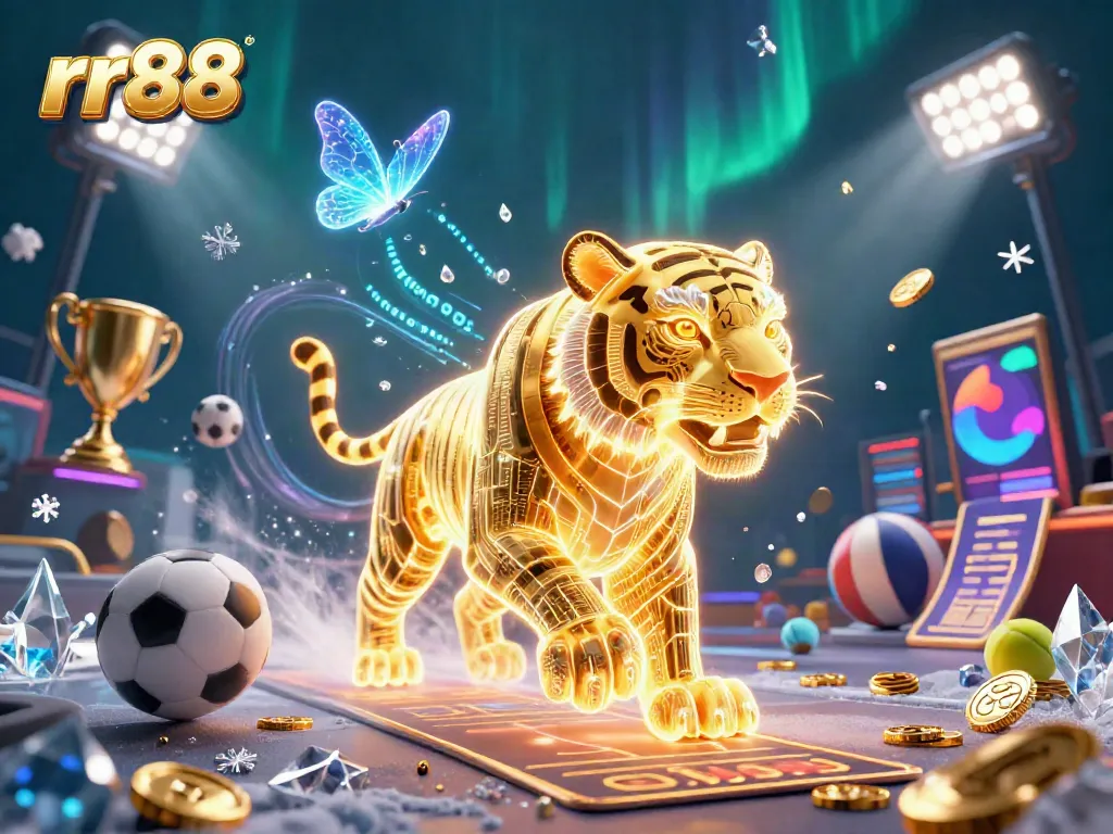 Engage with rr88 through a vibrant casino scene featuring a golden tiger and holographic butterflies.