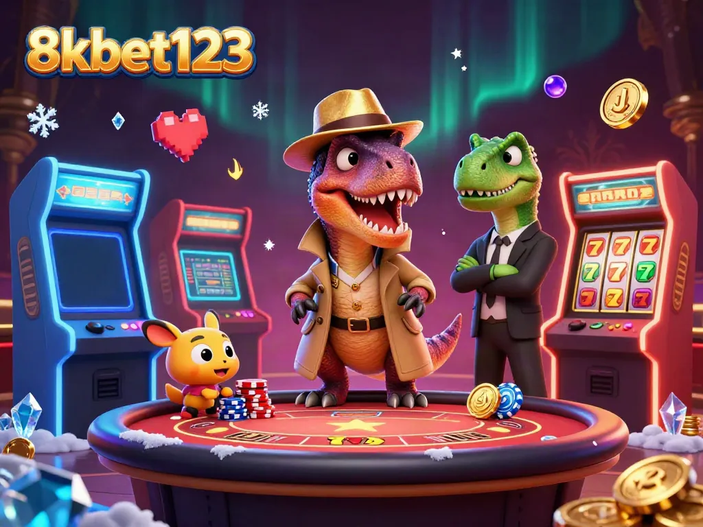 Countrified velociraptor card counter in casino setting with vibrant game elements, showcasing 8xbet123.