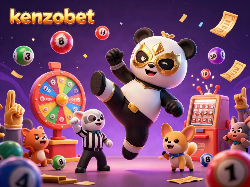 Kenzobet gaming experience illustrated with a vibrant scene of characters and lottery elements, capturing excitement.