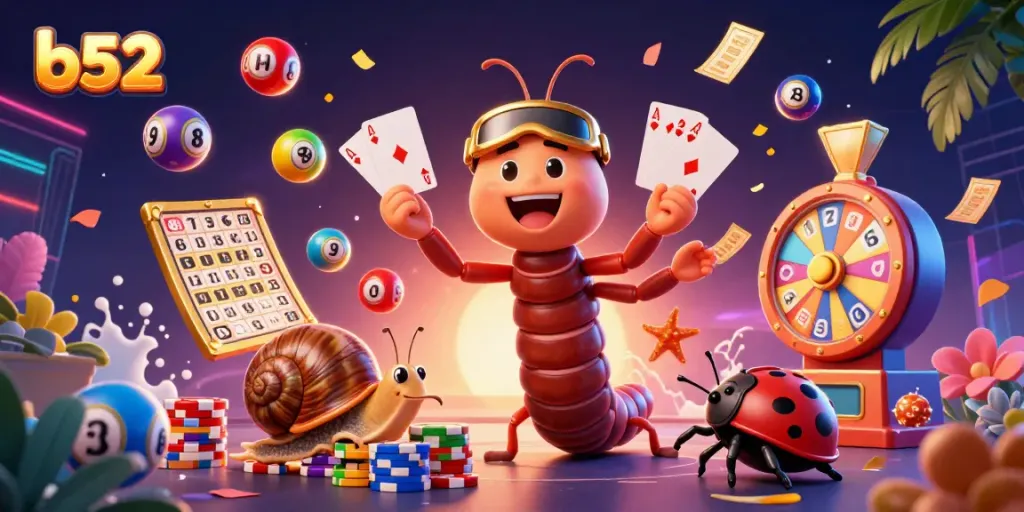 Experience the excitement of b52 with a vivid casino scene featuring a diverse millipede dealer and vibrant gaming elements.