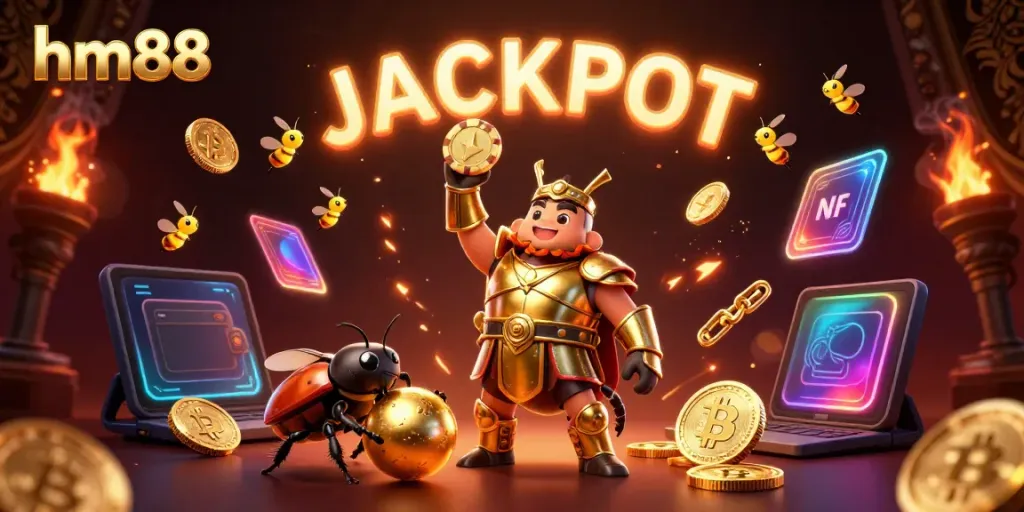 hm88's joyful beetles celebrate a big win with poker chips and crypto coins in the vibrant casino