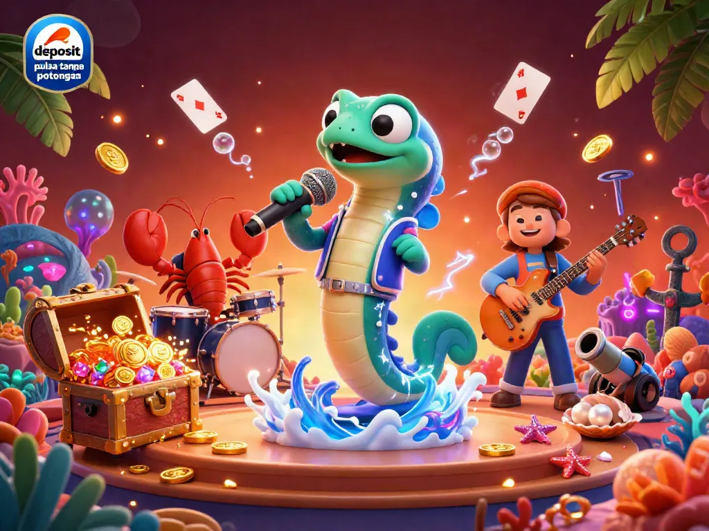 Deposit pulsa tanpa potongan illustrated with a DJing electric eel and casino-themed sea creatures, creating vibrant excitement.