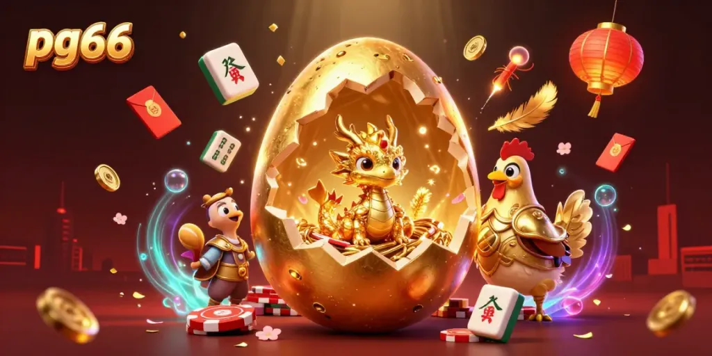 Experience the vibrant excitement of pg66 with a golden dragon and poker chips amidst dynamic Chinese symbols.