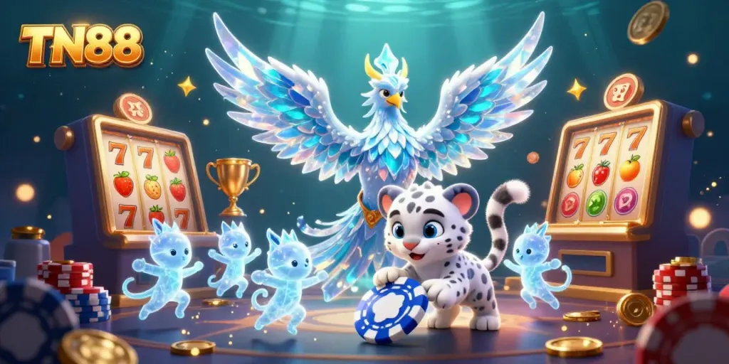 Engage with TN88's vibrant 3D casino scene featuring an ice phoenix and poker elements for immersive gambling.