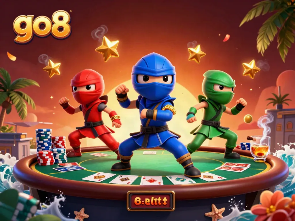 Experience the excitement of go8 gambling with ninja chameleons battling around poker elements.