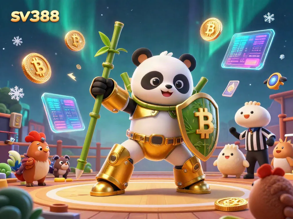 Experience the thrill of sv388 with a mech-suit golden panda in an electrifying cockfighting arena surrounded by cheers and crypto elements.