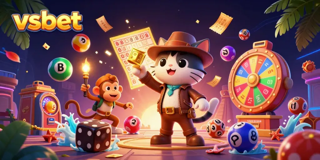 Experience the excitement of vsbet with a vibrant 3D illustration of gambling elements and characters.