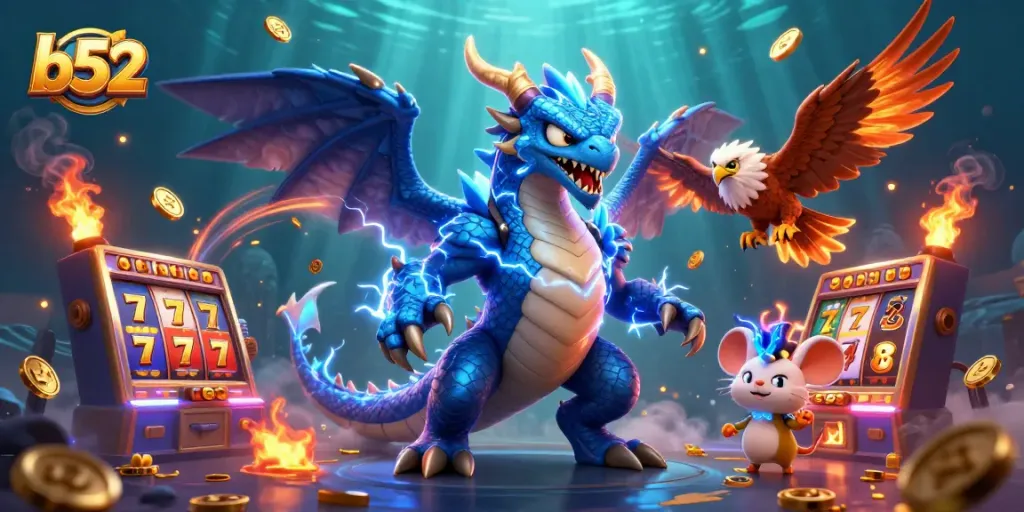 B52 showcases an exciting casino theme with vibrant slot reels, featuring electrifying characters and dynamic elements.