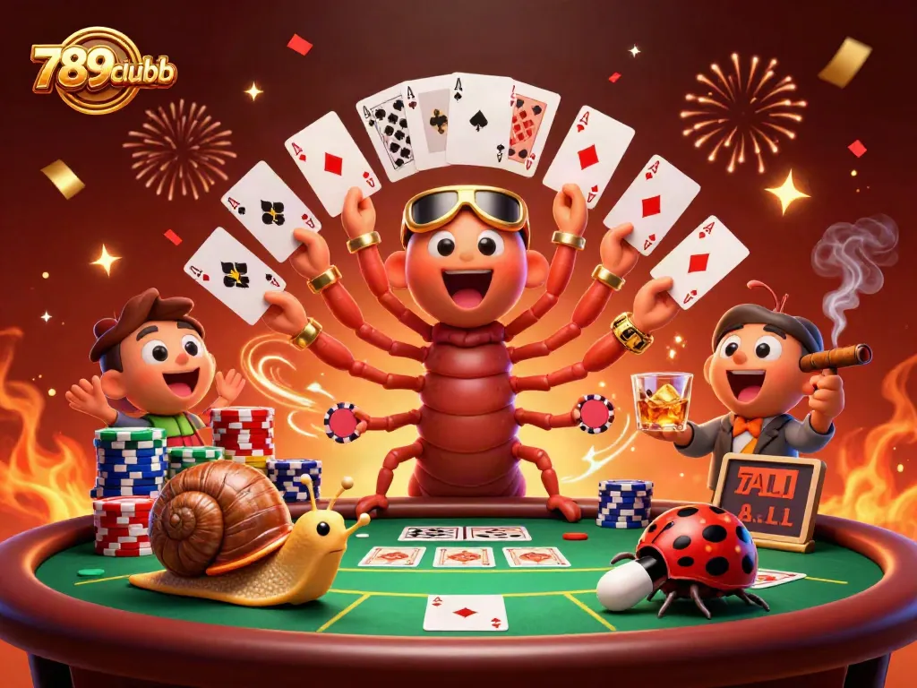 Engage with 789clubb's thrilling casino scene featuring a vibrant cartoon dealer and high-roller captivating players