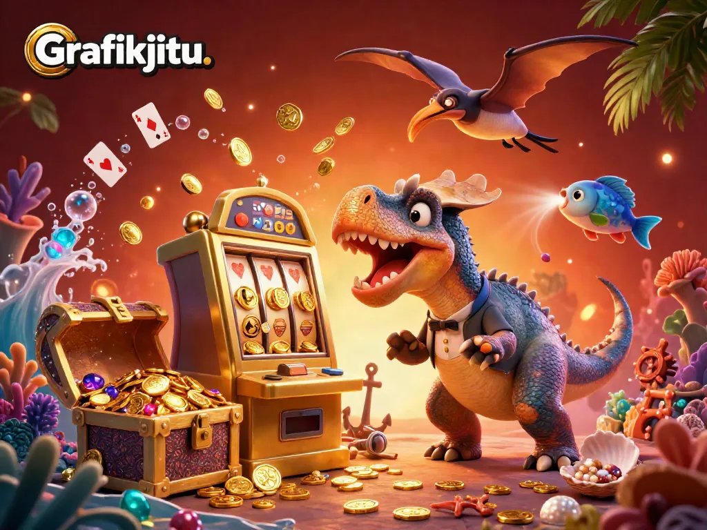 Grafikjitu showcases a 3D cartoon dinosaur triggering a jackpot at a slot machine amidst vibrant underwater elements.