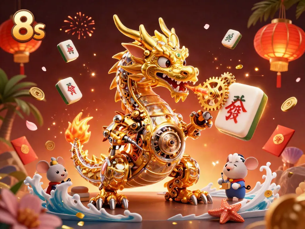 Bet on the exciting 8s experience with a golden dragon in action amidst vibrant casino elements.