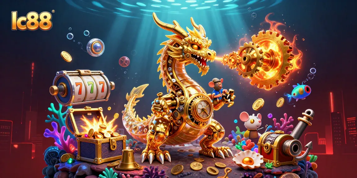 Engage in thrilling adventures at lc88 with a golden dragon breathing gears amidst treasures and casino elements.