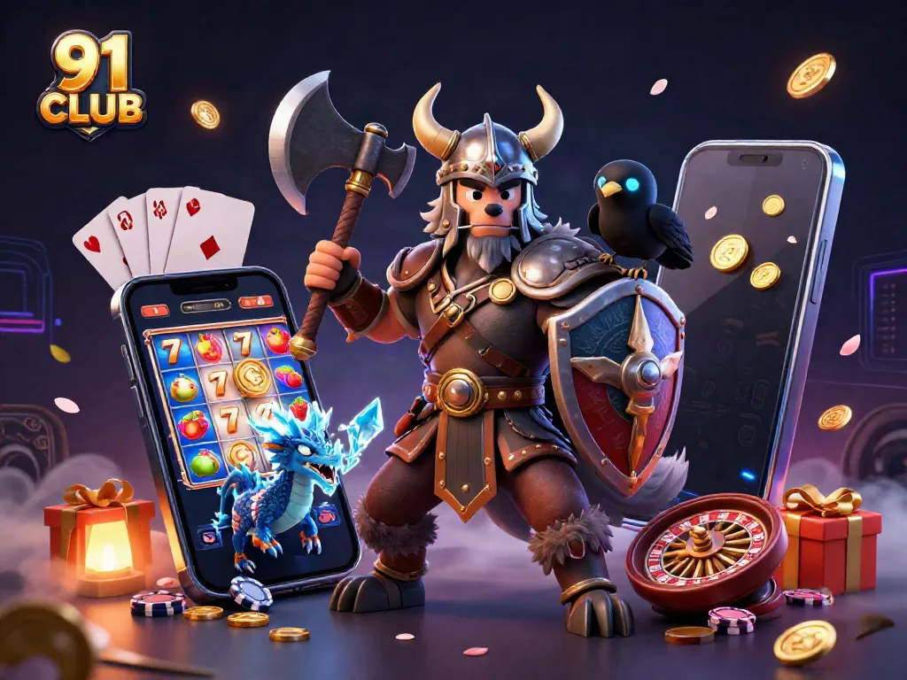 Engage with the 91 CLUB casino experience through a 3D illustration of thrilling gaming elements and characters.