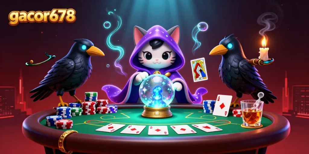 Engage with gacor678's thrilling poker scene featuring a mystic cat and raven.