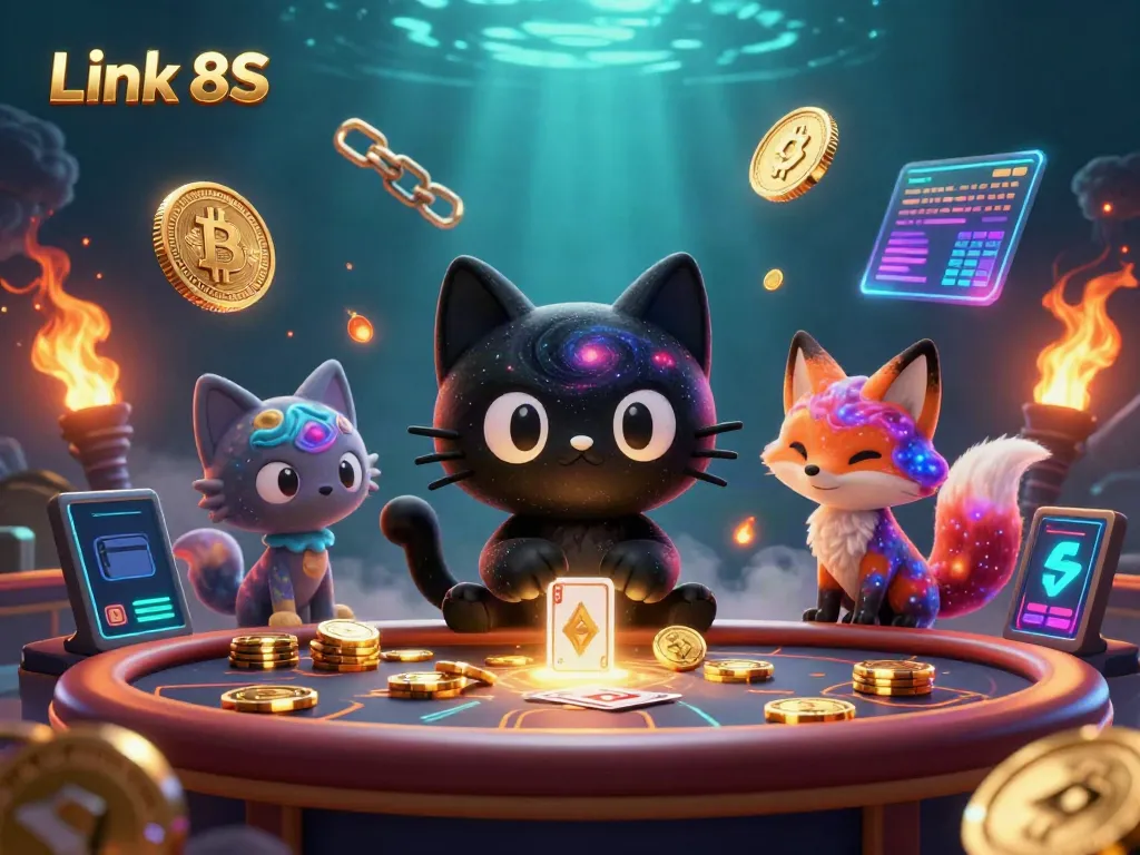Engage with the cosmic allure of Link 8S, featuring a black hole cat and vibrant gas fox amidst casino riches.