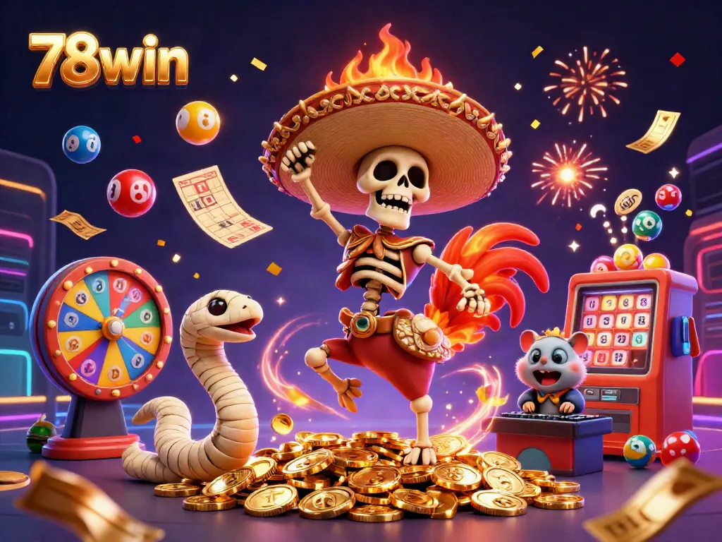 78win offers a dynamic casino experience with a lively illustration featuring a mariachi rooster, a mummy snake, and a DJ hamster.