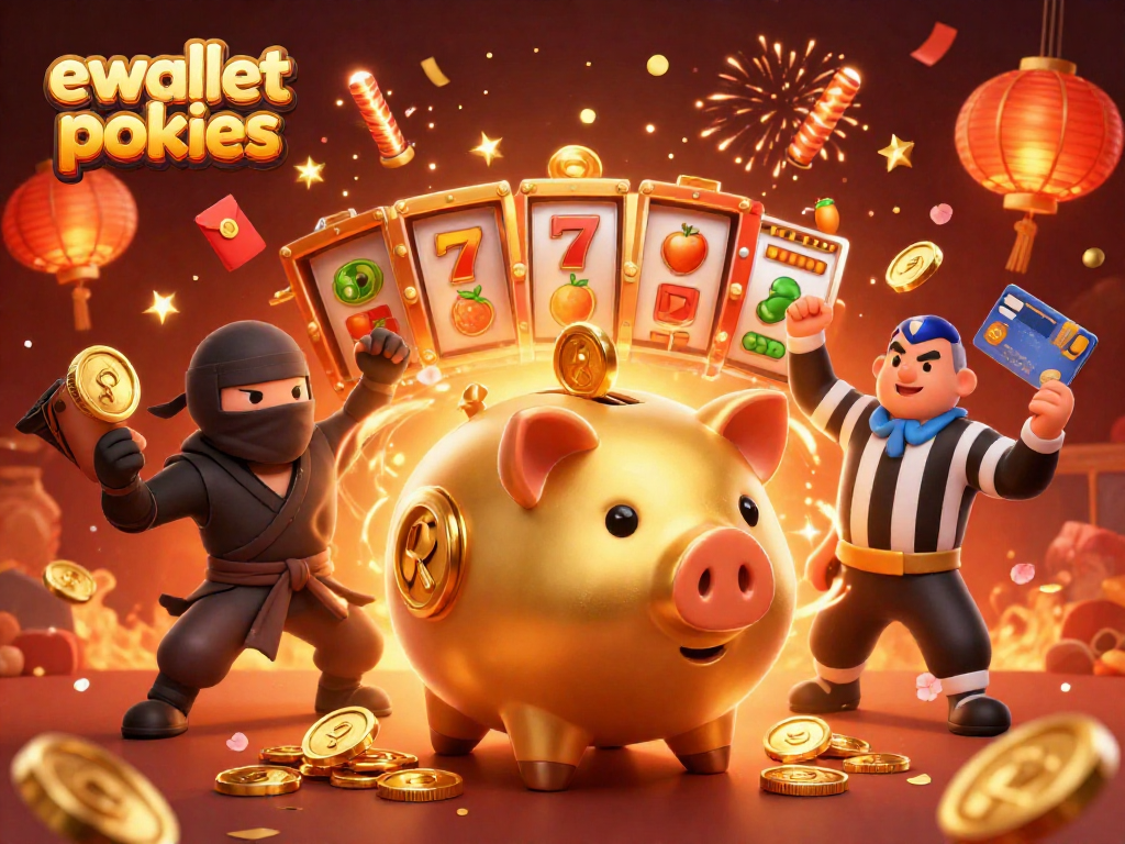 Win big at ewallet pokies with a golden piggy bank sumo wrestler, ninja, and samurai in action!