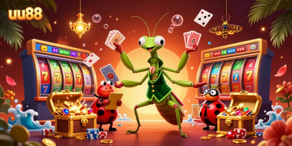Experience thrilling casino action with uu88's vibrant 3D illustration featuring colorful slot elements and dynamic characters.